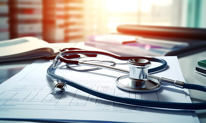 Medical instrument on paperwork or doctor receipts with stethoscope focus foreground close up Ai...
