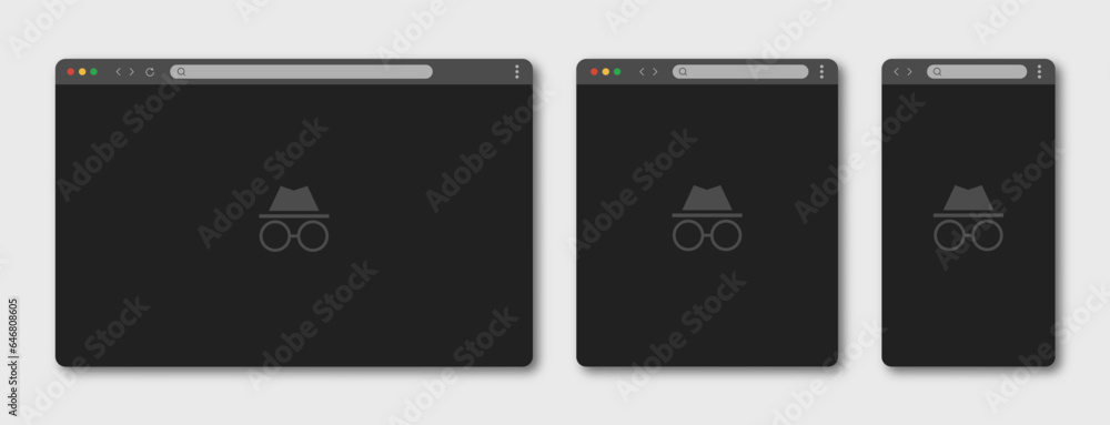Poster browser window template set. incognito mode. laptop, tablet and phone window. vector illustration.
