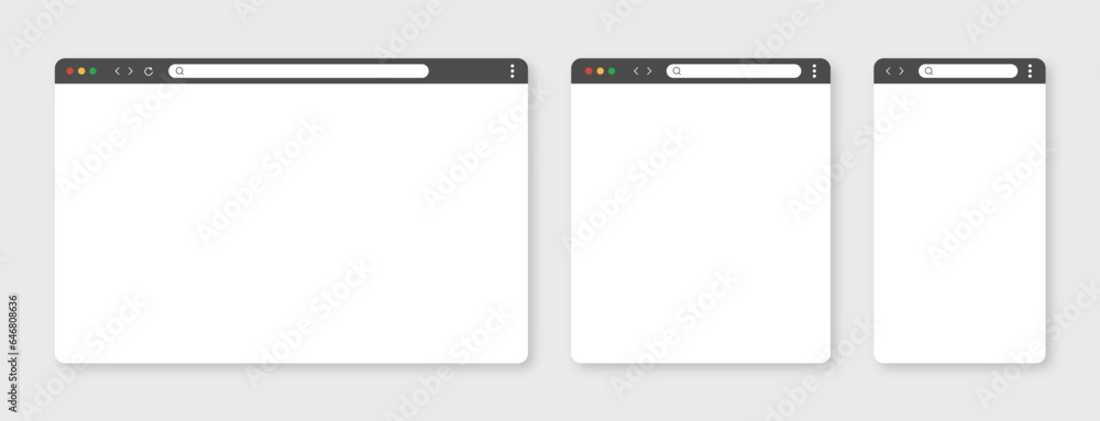 Aufkleber Browser mockups. Website different devices web window mobile screen internet flat template empty page network row vector set. Vector 10 eps.