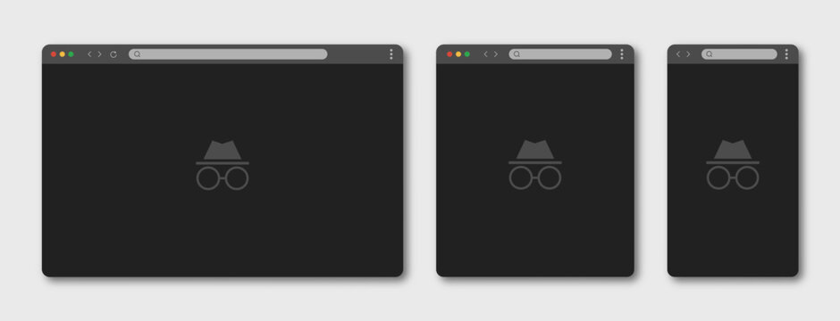 Browser window template set. Incognito mode. Laptop, tablet and phone window. Vector illustration.