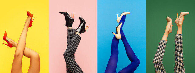 Collage made with female legs in different shoes and clothes on multicolored background. Colorful...