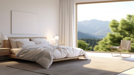 Interior of white minimalist scandi bedroom in luxury cottage or hotel. Large comfortable bed, side tables, armchairs, panoramic windows with scenic landscape view. Ecodesign. Mockup, 3D rendering.