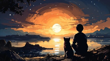 A boy with a dog on the coast watching the sunset.