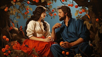 Adam and Eve are sitting under a tree. - obrazy, fototapety, plakaty