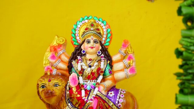 Goddess Durga idol at decorated Durga Puja pandal. Durga Puja is biggest religious festival of Hinduism and is now celebrated worldwide.