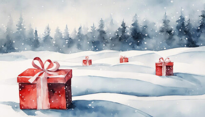 Cute christmas gifts in snowy winter landscape abstract art with copy space