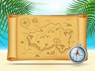Old pirate map of treasure island on an old scroll. Vector illustration.