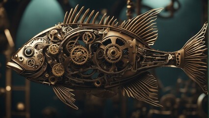 mechanical fish swimming, gears, steampunk - obrazy, fototapety, plakaty