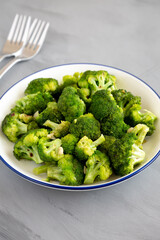 Homemade Pan-fried Broccoli on a Plate on a gray background, side view.