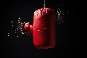 A close-up of a punching bag, being hit by a series of punches. The punches are fast and powerful, and they leave the punching bag dented and torn. The punching bag is a symbol of training  - obrazy, fototapety, plakaty