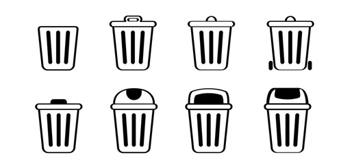 Dustbin,  litter basket or litterbin. Clean up and trashcan, Waste bin. Cleaning tools. Container logo or pictogram. Recycle, remove, delete box. Wheelie bin. Garbage bag, container. Recyclable.