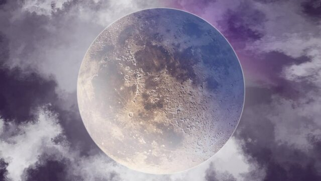 Clouds and fool moon in the sky. 2d animation. 4k stock footage