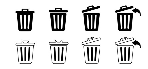 Dustbin,  litter basket or litterbin. Clean up and trashcan, Waste bin. Cleaning tools. Container logo or pictogram. Recycle, remove, delete box. Wheelie bin. Garbage bag, container. Recyclable. - obrazy, fototapety, plakaty