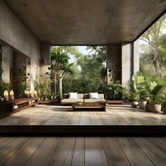 Fototapeta premium Interior of loft style living room in luxury villa. Concrete walls, wooden furniture, houseplants, panoramic windows with exotic garden view. Contemporary home design. Mockup, 3D rendering.