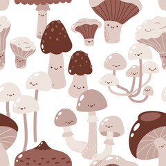 Vector seamless pattern with cute forest mushroom characters on a white background - 646811033