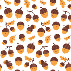 Vector autumn seamless pattern with cute acorns characters and oak leaves on white background