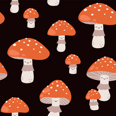 Vector seamless pattern with cute fly agaric mushroom characters on a dark background - 646811041