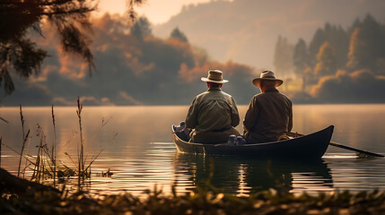Two fishermen sit in a boat on the river and talk, hyper-realistic, in high resolution