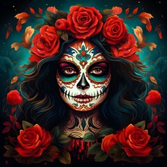 Young woman with make-up at the festival Day of the Dead - Dia de los Muertos, Woman with sugar skull makeup on a floral background. Calavera Catrina. Halloween, Generative Ai.