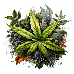 Obraz premium A thought-provoking marijuana leaf t-shirt design exploring the duality of nature and perception, showcasing a cannabis leaf split down the center - one half in realistic detail, Generative Ai