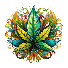 A playful marijuana leaf t-shirt design with a touch of whimsy, featuring a cheerful cartoon-style cannabis leaf surrounded by vibrant, swirling patterns reminiscent, Generative Ai