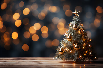 Fototapeta na wymiar Decorated Christmas small tree on wooden , blurred background.
