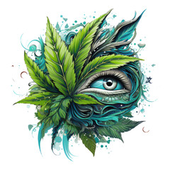 A dreamy and surreal marijuana leaf t-shirt design that blurs the boundaries between reality and fantasy, featuring a cannabis leaf floating in mid-air within a surreal dreamscape fille, Generative Ai