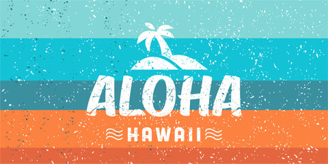 Aloha and palm trees in island with beach colors retro vector image. holiday island vintage rustic print poster © Ramosh Artworks