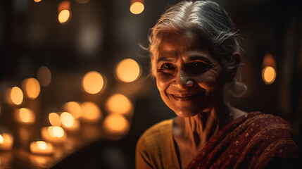Happy Diwali. Indian senior woman with gray hair, in sari holding burning candles Diwali and looking at camera. traditional festival Diwali, night of lights in India. AI generated. 