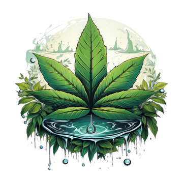 A serene and meditative marijuana leaf t-shirt design inspired by the tranquility of water, depicting a cannabis leaf gently floating on the surface of a calm, Generative Ai