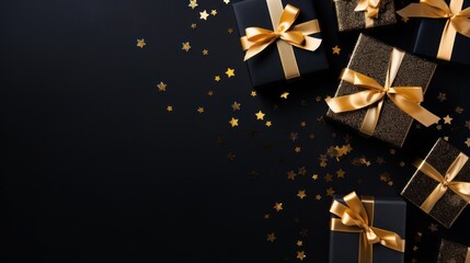 Top view of black background decorated with gift boxes and golden confetti. Black Friday poster or banner with copy space. AI Generated.