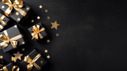 Top view of black background decorated with gift boxes and golden confetti. Black Friday poster or banner with copy space. AI Generated.
