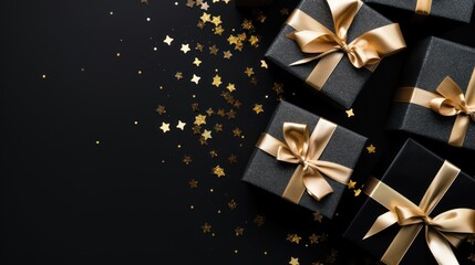 Top view of black background decorated with gift boxes and golden confetti. Black Friday poster or banner with copy space. AI Generated.