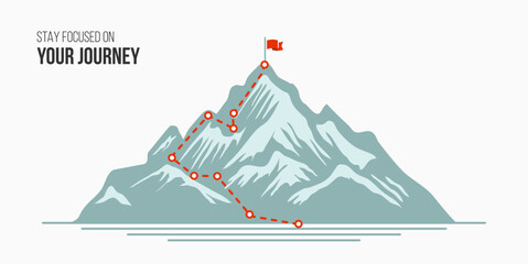 journey concept vector illustration of a mountain with path and a flag at the top, route to mountain peak, business journey and planning concept.