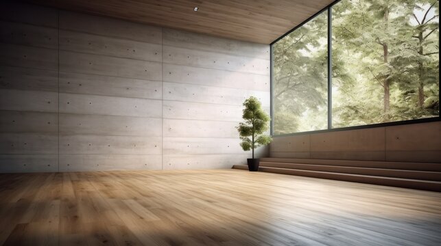 Interior of loft style room in luxury villa. Empty concrete walls, wooden floor, houseplant, panoramic window with garden view. Contemporary home design. Mockup, 3D rendering.