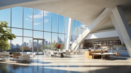 Interior of open space office in modern building. Glossy floor, large desks with chairs, chillout area, houseplants. Floor-to-ceiling windows with city view. Contemporary design. Mockup, 3D rendering.