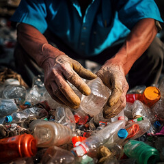 Hands of a man sorting plastic bottles