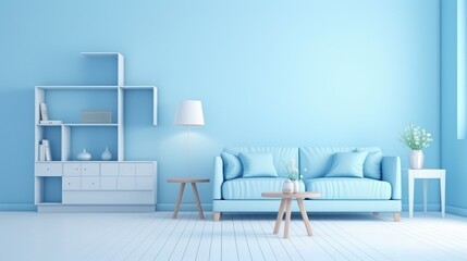 Stylish minimalist monochrome interior of modern cozy living room in white and pastel blue tones. Trendy couch, commode, wall shelves, coffee tables. Creative design. Mockup, 3D rendering.