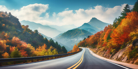 road leading to autumn mountain scenery - obrazy, fototapety, plakaty