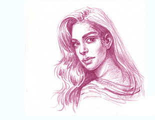 woman with long hair pencil drawing for card decoration illustration