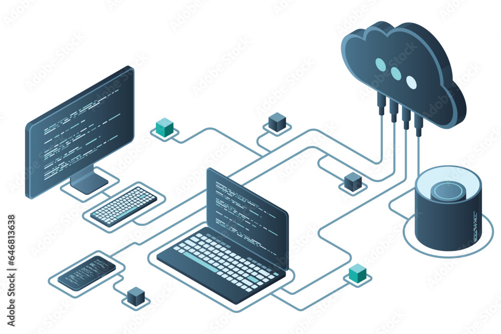 Poster cloud technology computing concept. modern cloud technology. data center isometric concept. isometri