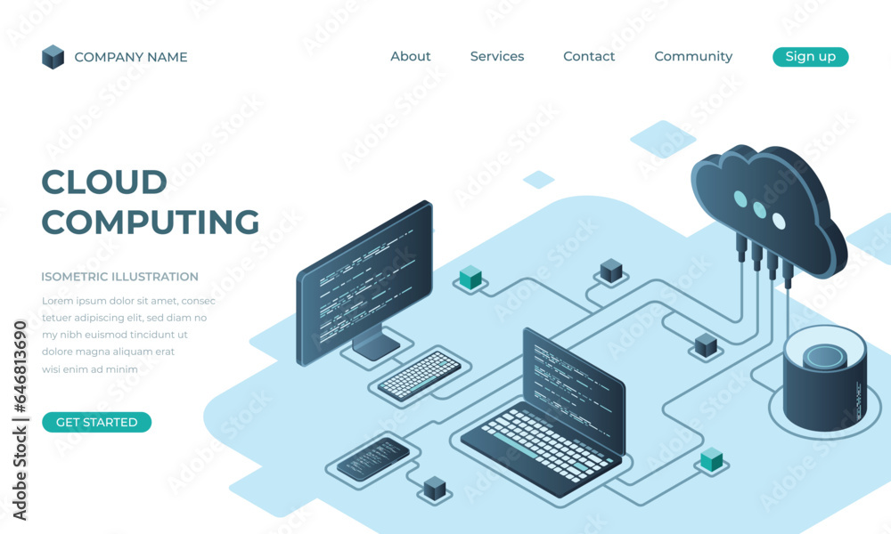 Poster cloud computing isometric landing page. cloud storage server. cloud computing online database techno