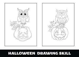 Copy the picture kids game and coloring page.Halloween education drawing skill game for preschool children.