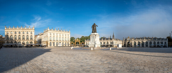 Fototapeta na wymiar Nancy, France - 09 02 2023: View of the Stanislas Square at sunrise, Unesco World Heritage.