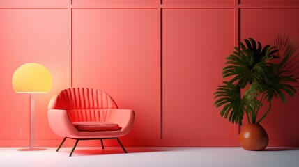 Stylish monochrome interior of modern cozy living room in pastel red tones. Trendy armchair, floor lamp, decorative plant in a vase. Creative home design. Mockup, 3D rendering.