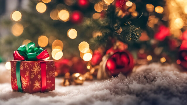 Banner festivo con pacco regalo sulla neve