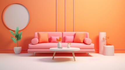 Stylish monochrome interior of modern cozy living room in pastel orange and pink tones. Trendy couch, coffee table, decorative vases, houseplant, wall decor. Creative home design. Mockup, 3D rendering