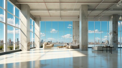 Interior of empty open space office room in modern urban building. Loft style concrete columns and floor, chillout area. Floor-to-ceiling windows with city view. Mockup, 3D rendering.