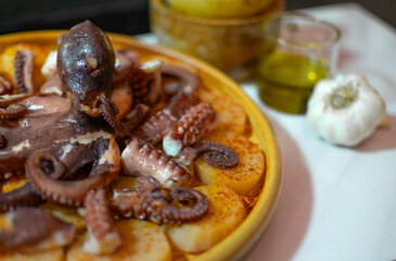 Octopus Typical Spanish dish served with paprika, salt, potatoes and olive oil