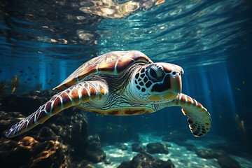 Underwater turtles and corals , sea